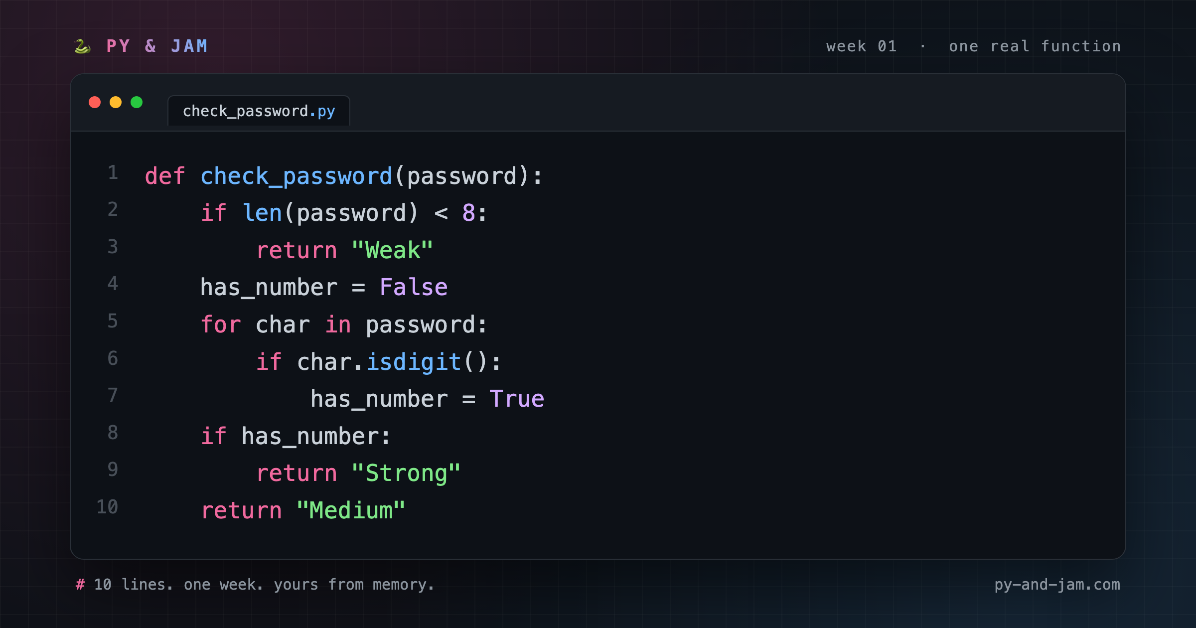The full check_password() function shown in a dark code editor window with numbered lines 1 to 10 and Python syntax highlighting